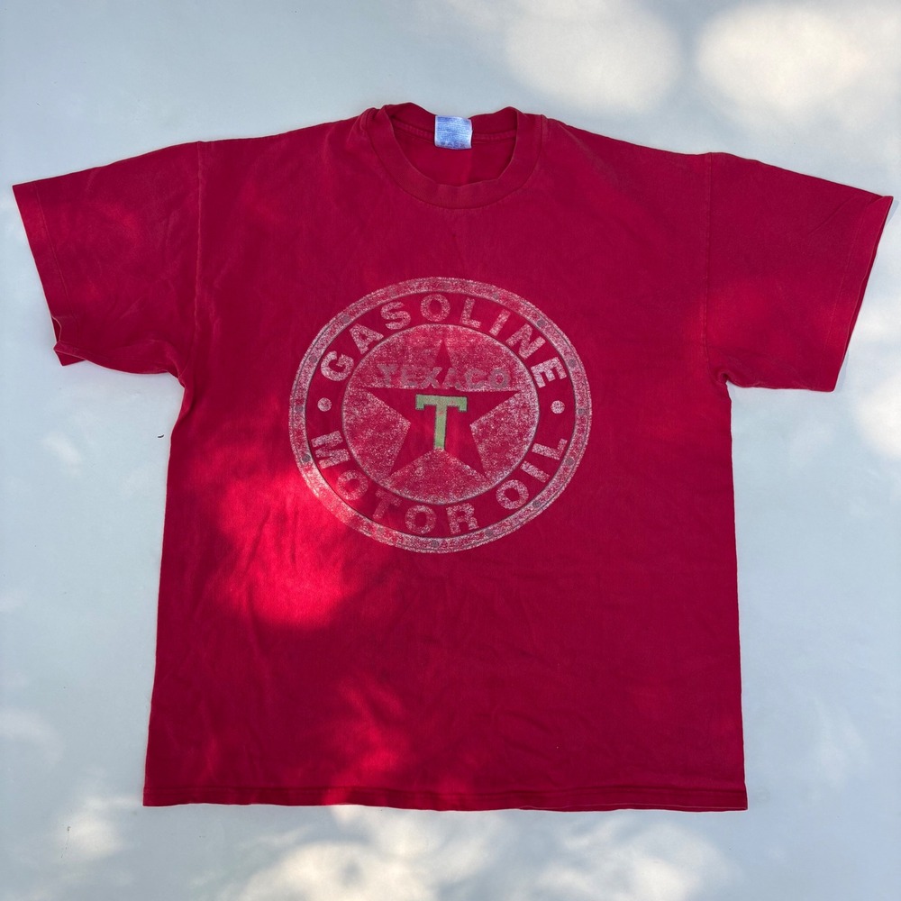Vintage Hanes Texaco Gasoline Motor Oil Red Graphic T-Shirt Mens Large 90s Retro